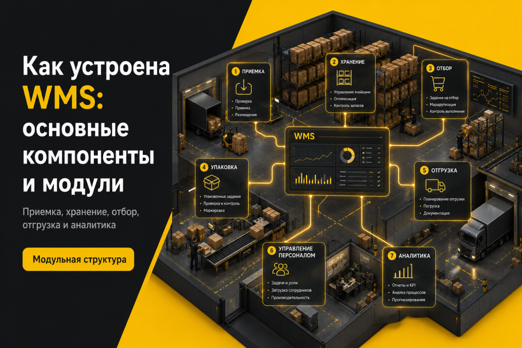 Основные компоненты WMS-системы: приемка, хранение, комплектация, отгрузка, персонал и отчетность.