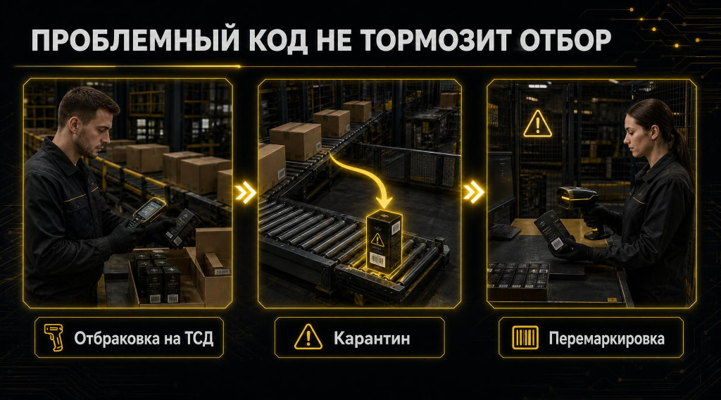 Схема изоляции косметики с нечитаемым Data Matrix: отбраковка на ТСД, перемещение в карантин и перемаркировка