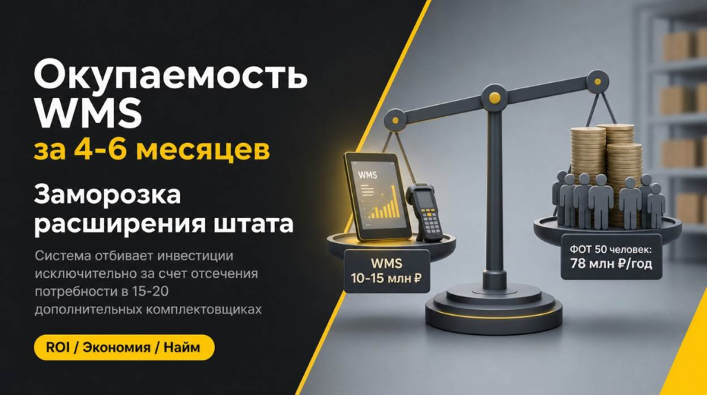 Как считать окупаемость WMS через персонал: формула деления стоимости системы на месячный HR-эффект
