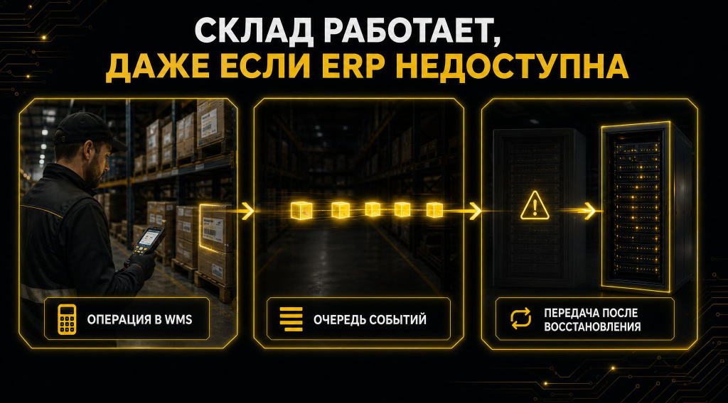 Схема отказоустойчивой интеграции WMS и ERP: складские операции выполняются без ожидания внешней системы