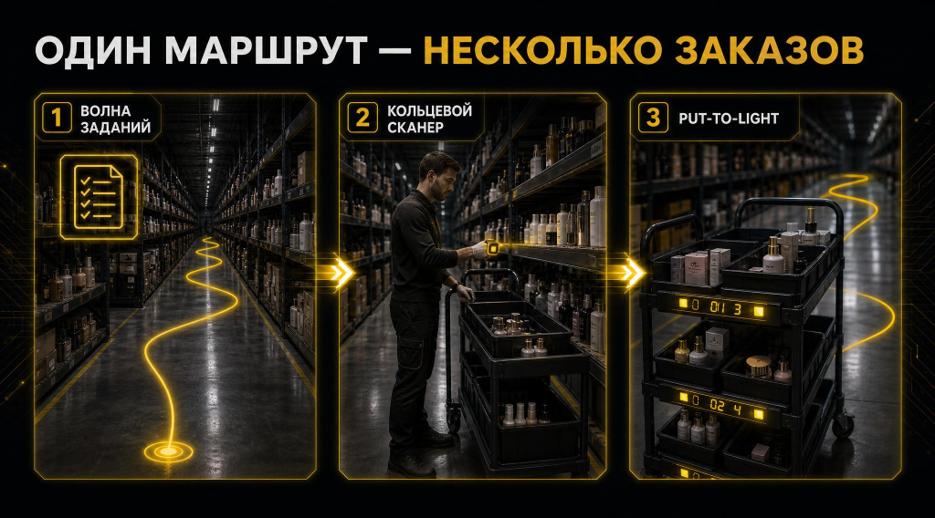 Схема волнового отбора косметики: маршрут комплектовщика, кольцевой сканер и Put-to-Light на тележке