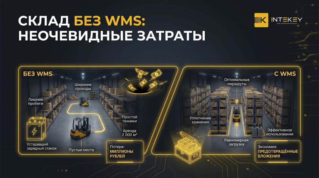 Склад без WMS: неочевидные затраты — сравнение склада без WMS (лишние пробеги, широкие проходы, простой техники, аренда лишних площадей, потери в миллионы рублей) и с WMS (оптимальные маршруты, уплотнение хранения, равномерная загрузка, экономия за счёт предотвращённых вложений)