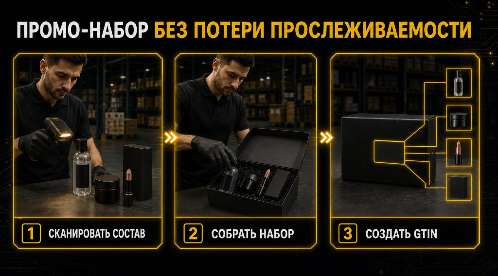 Схема копакинга косметики: сканирование компонентов, сборка промо-набора и создание нового GTIN