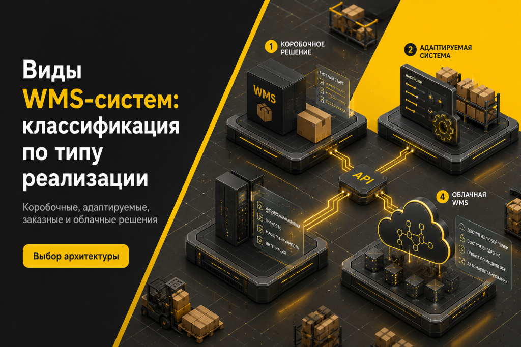Классификация WMS-систем по типу реализации: коробочная, адаптируемая, заказная и облачная архитектура.